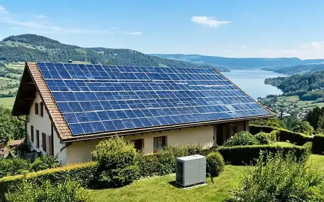 Panneaux photovoltaïques sur le toit d'une maison suisse et pompe à chaleur air-eau dans le jardin près d'Yverdon-les-Bains